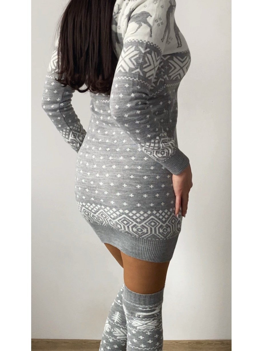 Compleu dama ieftin din tricot gri minunat compus din rochie, caciula,fular si jambiere Craciun FULAR