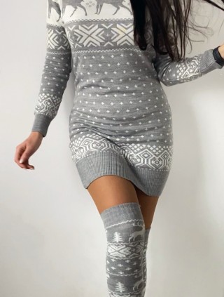 Compleu dama ieftin din tricot gri minunat compus din rochie, caciula,fular si jambiere Craciun FULAR