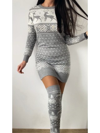 Compleu dama ieftin din tricot gri minunat compus din rochie, caciula,fular si jambiere Craciun FULAR