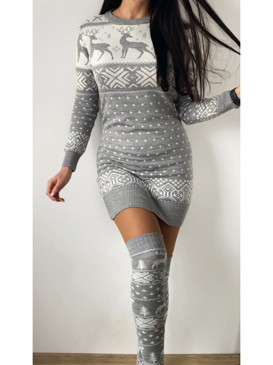 Compleu dama ieftin din tricot gri minunat compus din rochie, caciula,fular si jambiere Craciun FULAR