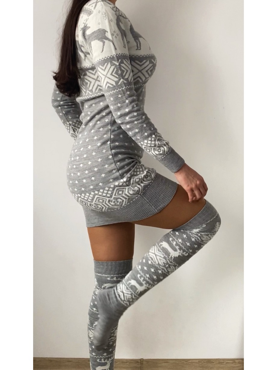 Compleu dama ieftin din tricot gri minunat compus din rochie, caciula,fular si jambiere Craciun FULAR