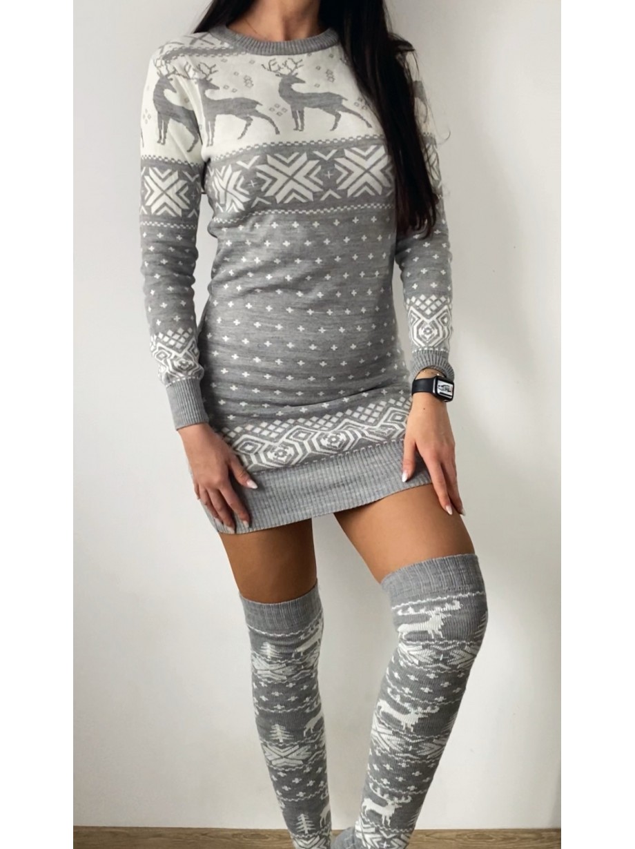 Compleu dama ieftin din tricot gri minunat compus din rochie, caciula,fular si jambiere Craciun FULAR