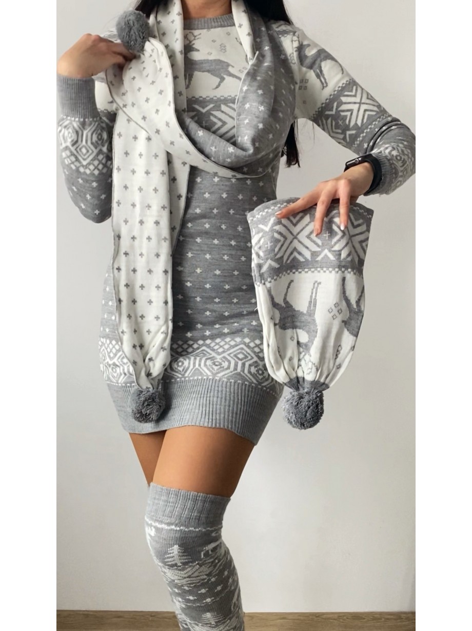 Compleu dama ieftin din tricot gri minunat compus din rochie, caciula,fular si jambiere Craciun FULAR