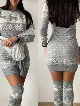 Compleu dama ieftin din tricot gri minunat compus din rochie, caciula,fular si jambiere Craciun FULAR