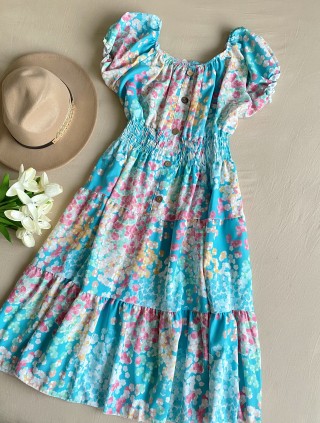 Rochie midi de vara lejera cu imprimeu floral de culoare albastra 