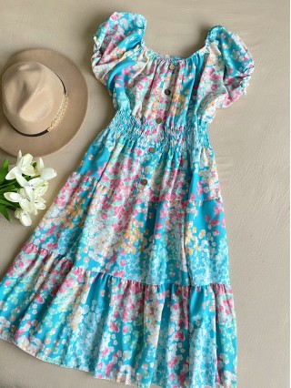 Rochie midi de vara lejera cu imprimeu floral de culoare albastra 