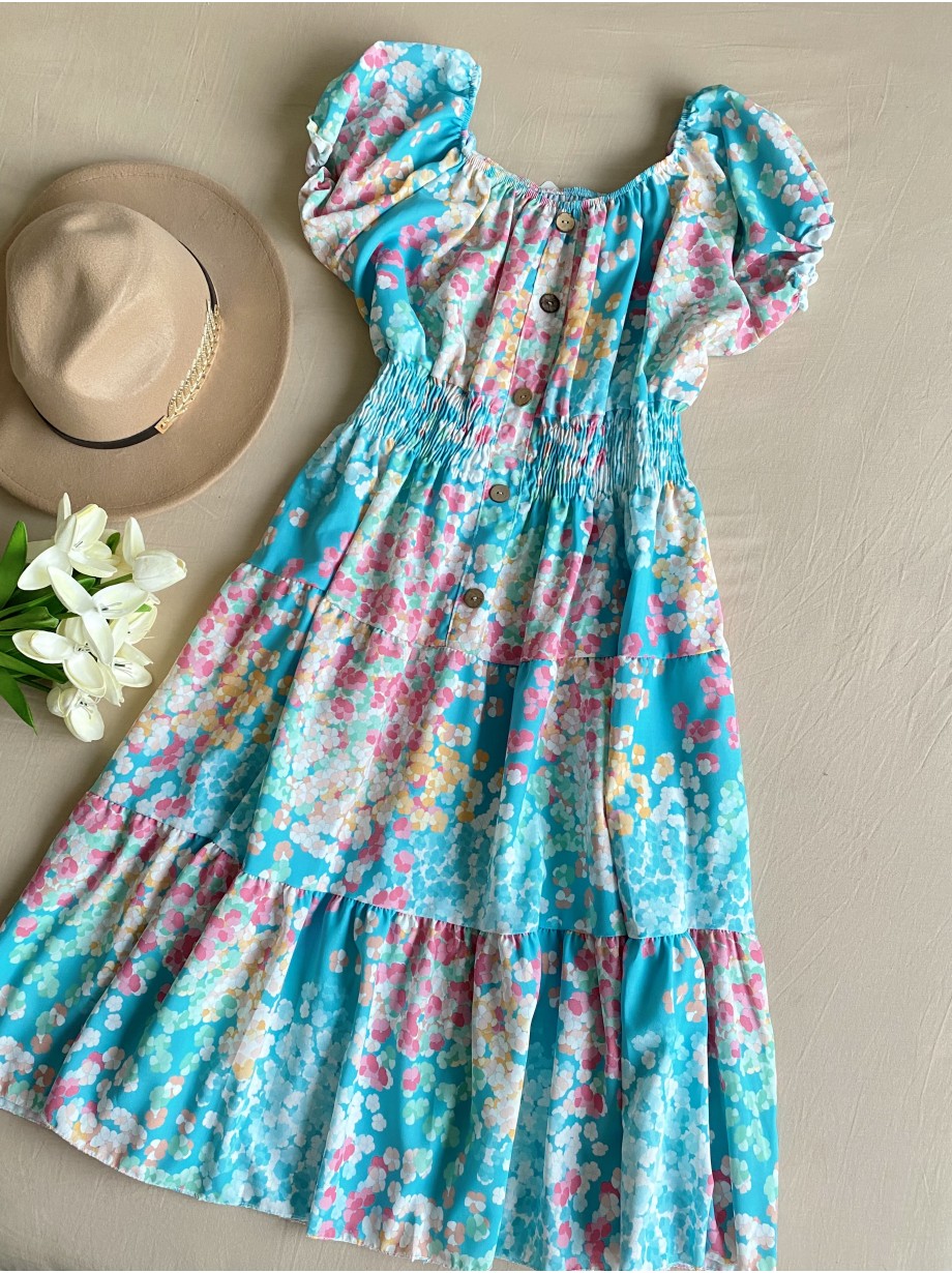 Rochie midi de vara lejera cu imprimeu floral de culoare albastra 