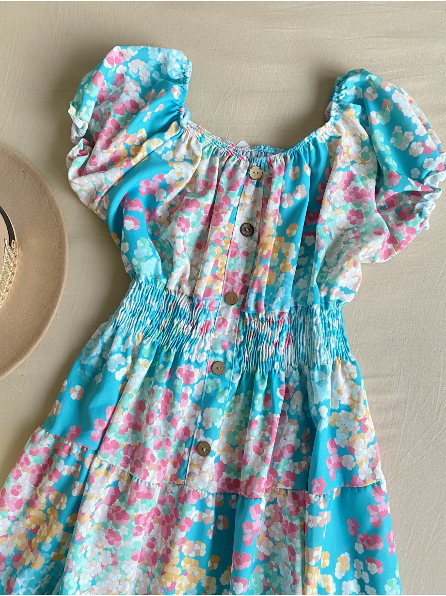 Rochie midi de vara lejera cu imprimeu floral de culoare albastra 