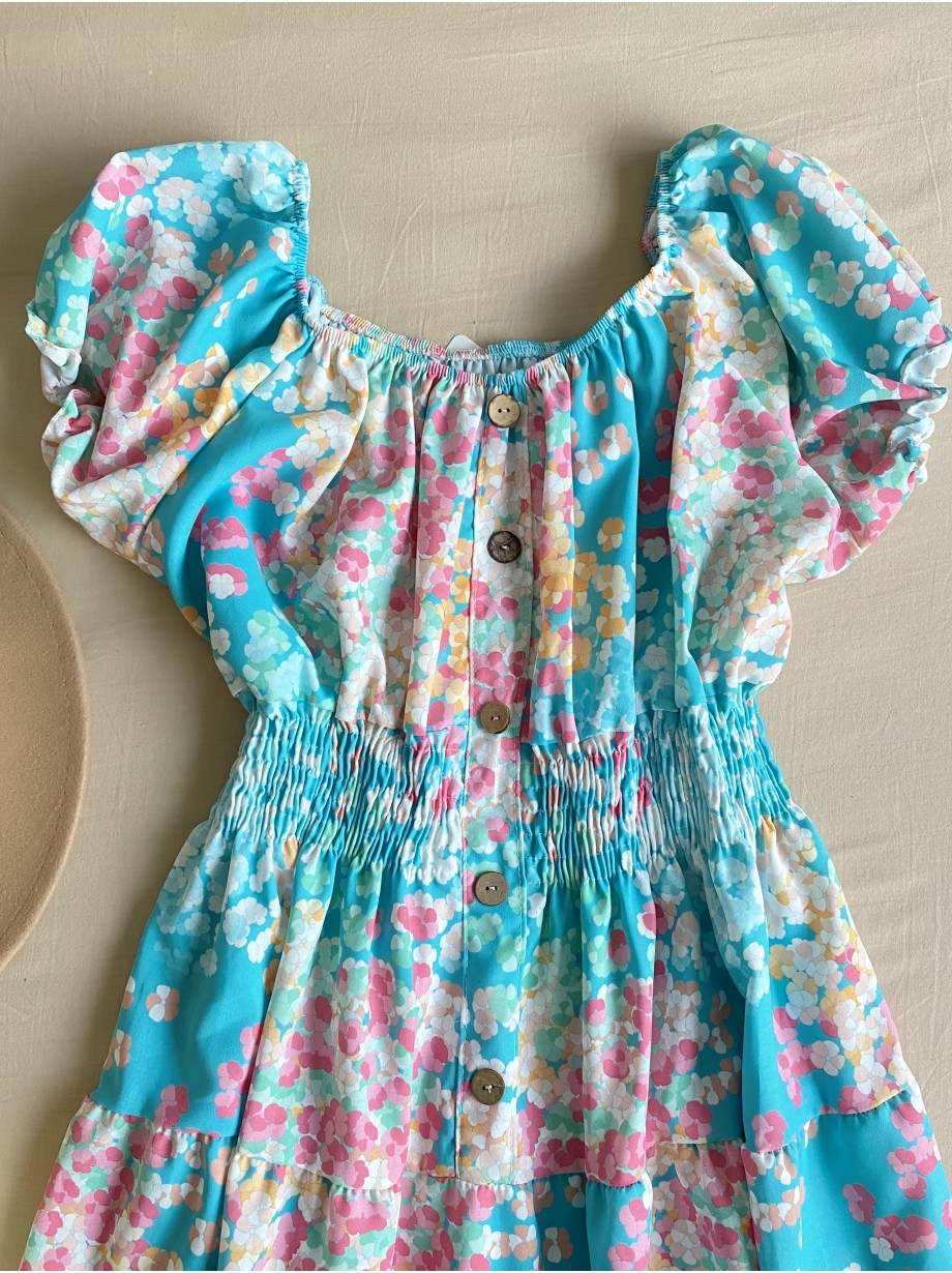 Rochie midi de vara lejera cu imprimeu floral de culoare albastra 