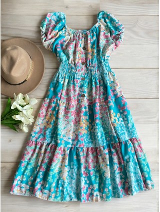 Rochie midi de vara lejera cu imprimeu floral de culoare albastra 