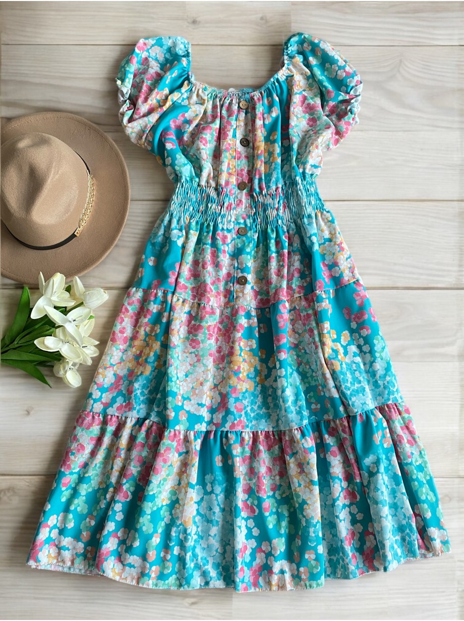 Rochie midi de vara lejera cu imprimeu floral de culoare albastra 