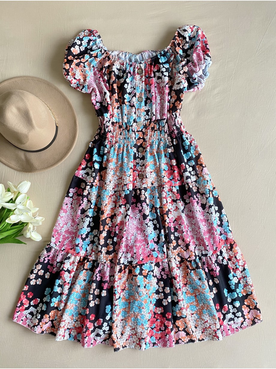 Rochie midi de vara lejera cu imprimeu floral de culoare neagra