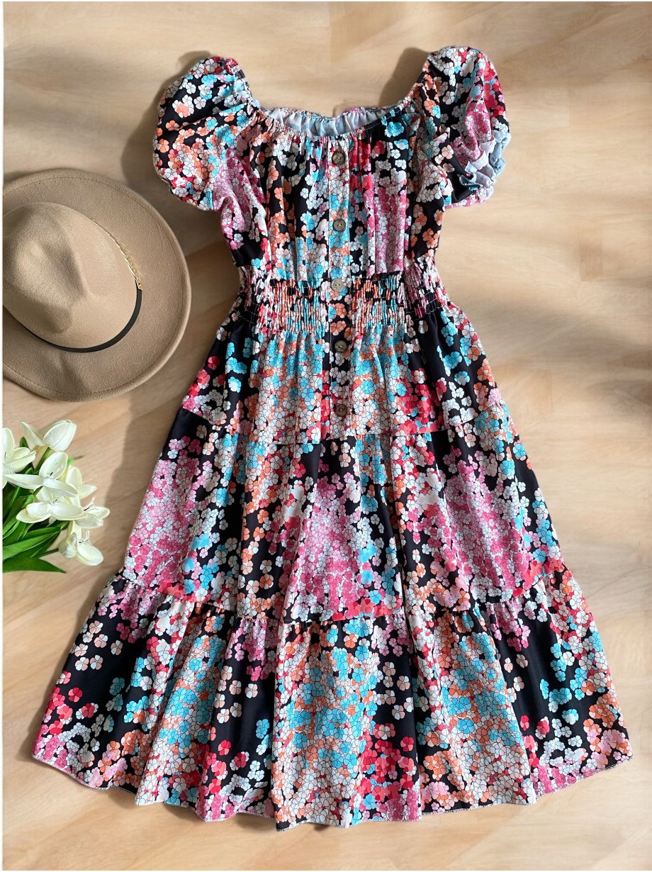 Rochie midi de vara lejera cu imprimeu floral de culoare neagra