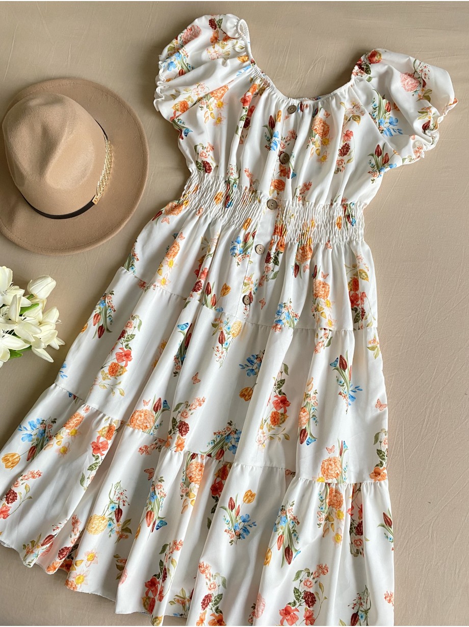 Rochie midi de vara lejera cu imprimeu floral de culoare alba