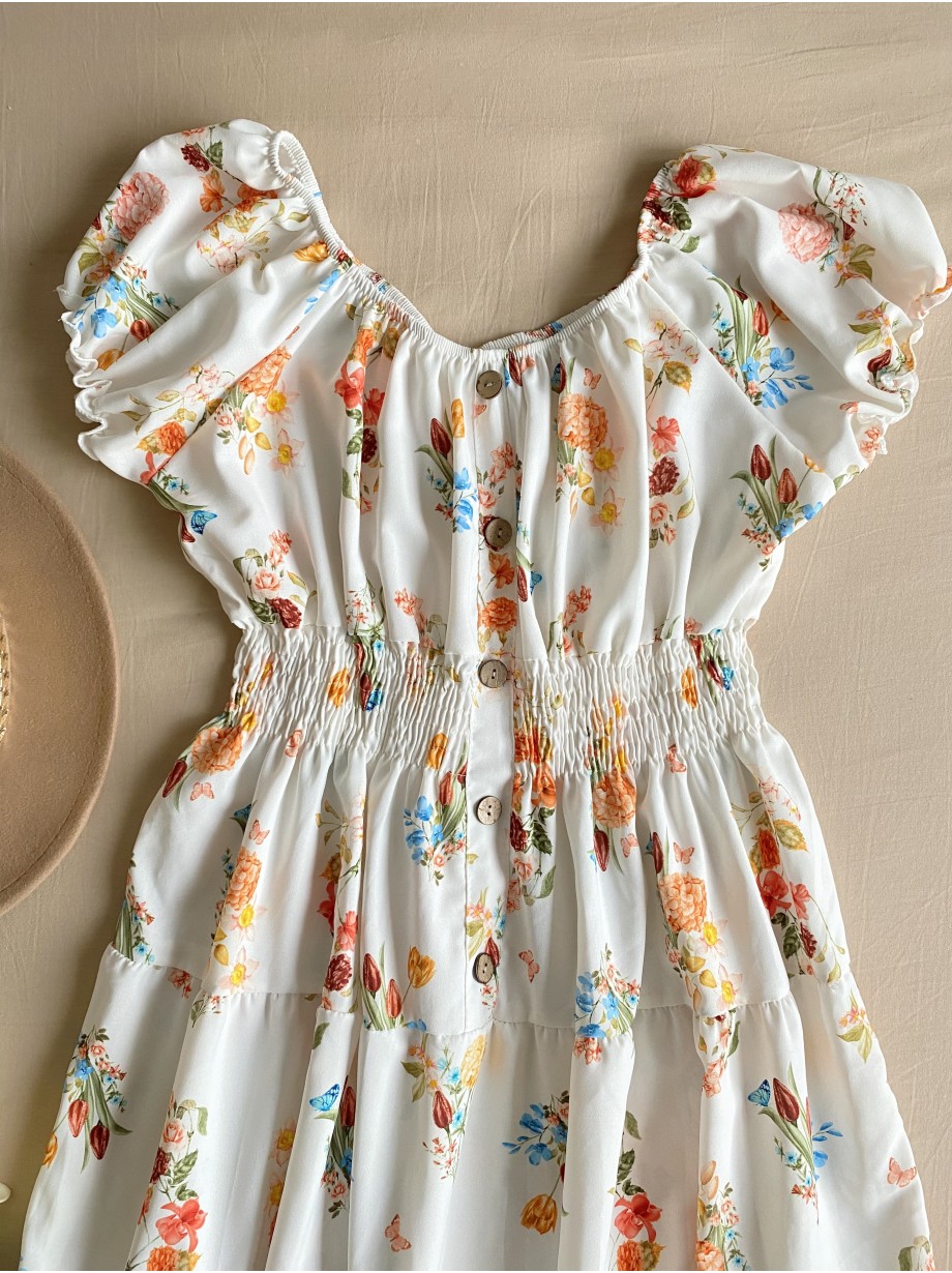 Rochie midi de vara lejera cu imprimeu floral de culoare alba