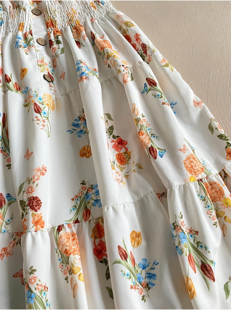 Rochie midi de vara lejera cu imprimeu floral de culoare alba