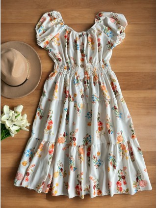 Rochie midi de vara lejera cu imprimeu floral de culoare alba