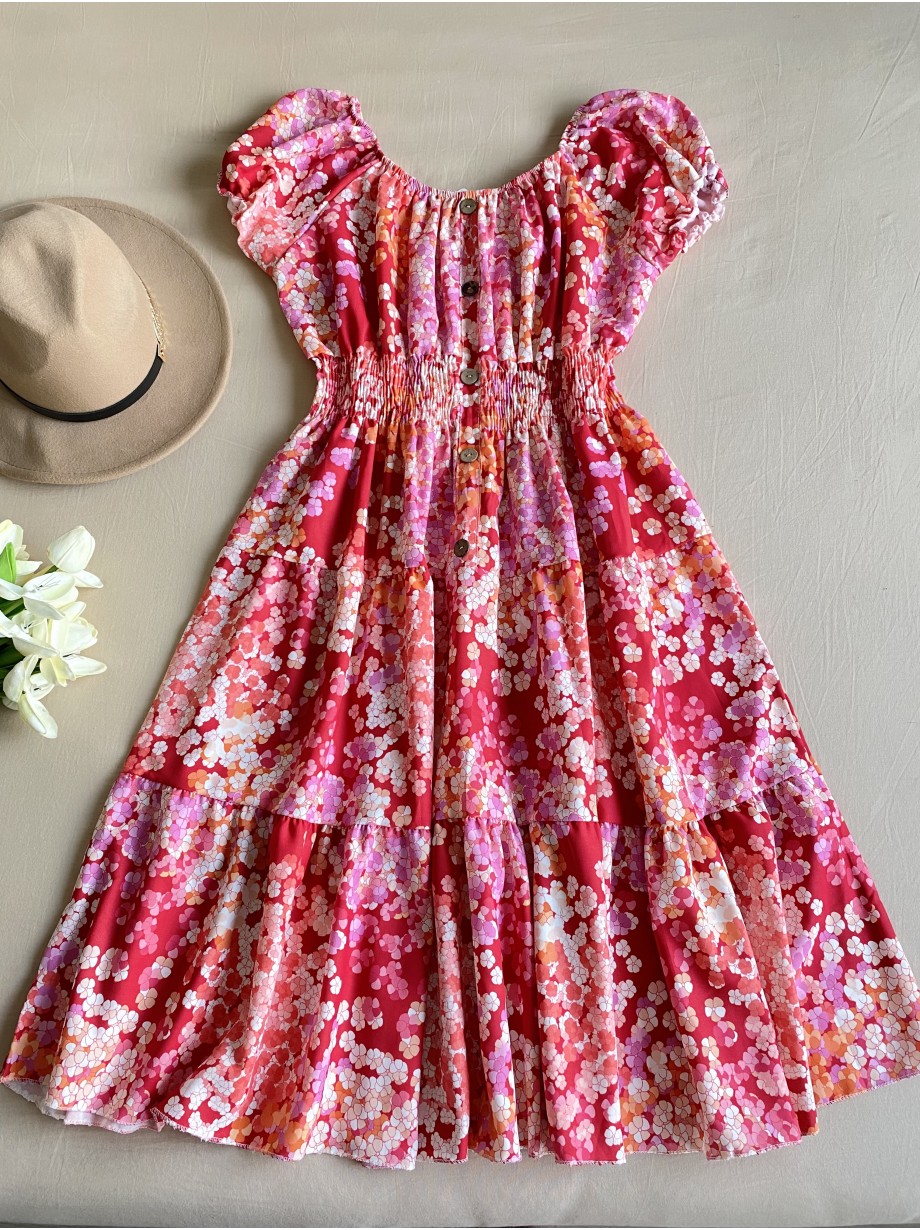Rochie midi de vara lejera cu imprimeu floral de culoare rosie