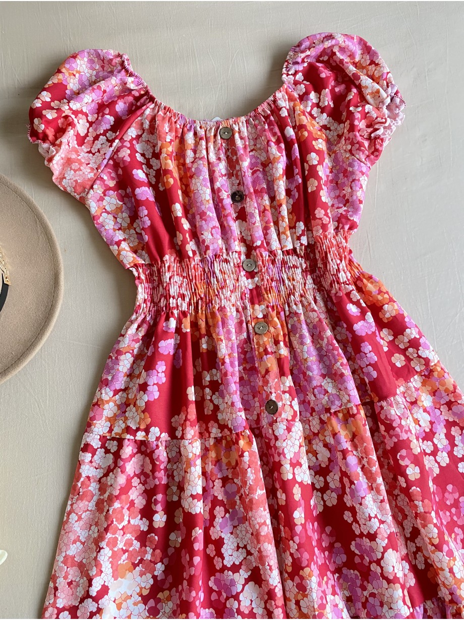 Rochie midi de vara lejera cu imprimeu floral de culoare rosie