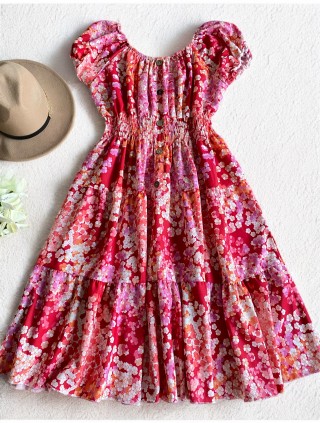 Rochie midi de vara lejera cu imprimeu floral de culoare rosie