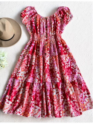 Rochie midi de vara lejera cu imprimeu floral de culoare rosie