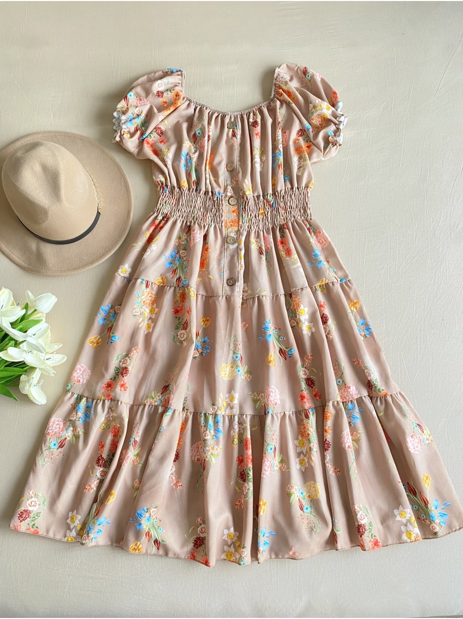 Rochie midi de vara lejera cu imprimeu floral de culoare crem