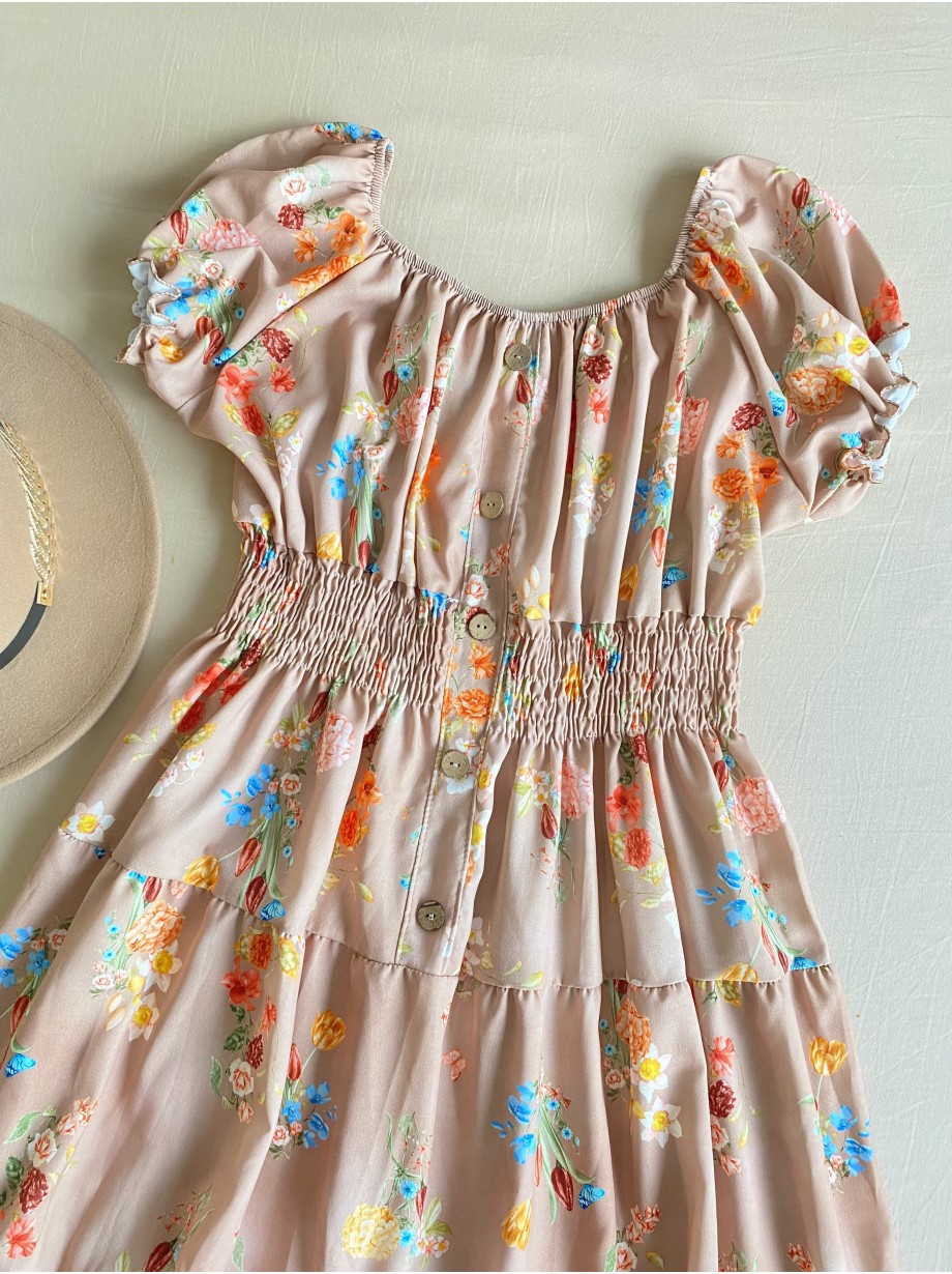 Rochie midi de vara lejera cu imprimeu floral de culoare crem