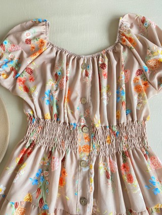 Rochie midi de vara lejera cu imprimeu floral de culoare crem