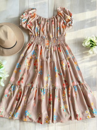 Rochie midi de vara lejera cu imprimeu floral de culoare crem