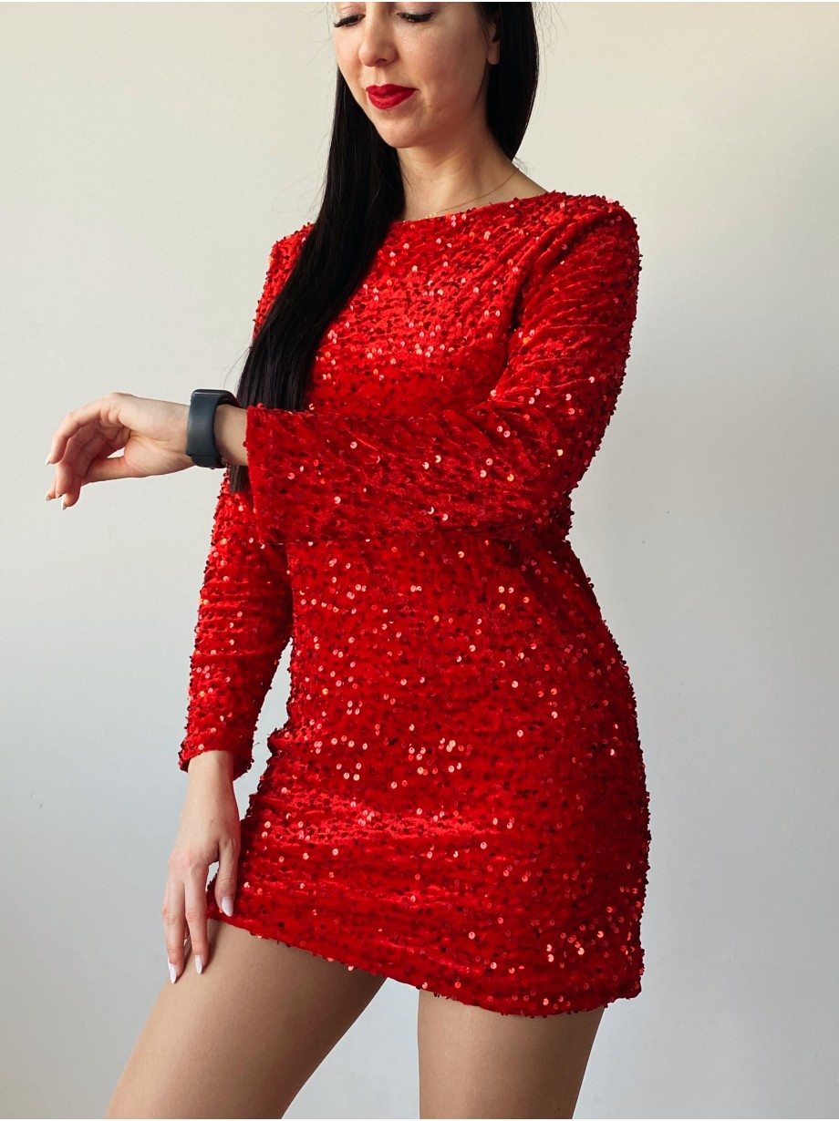 Rochie dama scurta eleganta rosie cu paiete si fundita neagra la spate