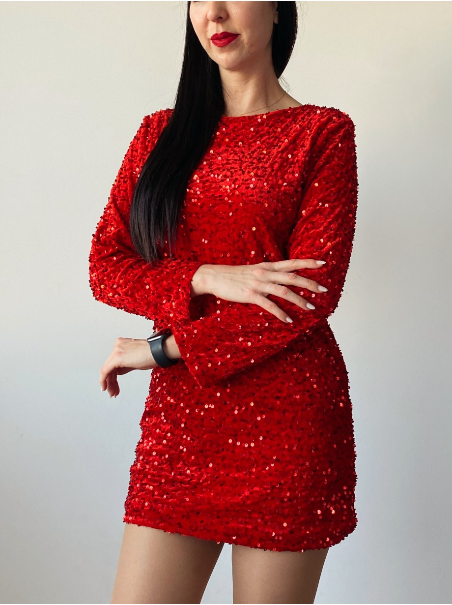 Rochie dama scurta eleganta rosie cu paiete si fundita neagra la spate