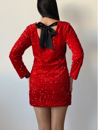 Rochie dama scurta eleganta rosie cu paiete si fundita neagra la spate