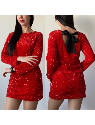 Rochie dama scurta eleganta rosie cu paiete si fundita neagra la spate