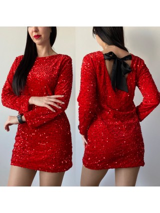 Rochie dama scurta eleganta rosie cu paiete si fundita neagra la spate