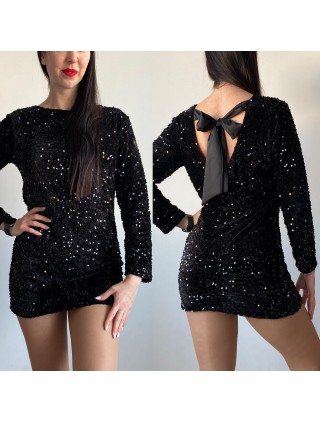 Rochie dama scurta eleganta neagra cu paiete si fundita neagra la spate