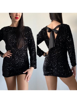 Rochie dama scurta eleganta neagra cu paiete si fundita neagra la spate