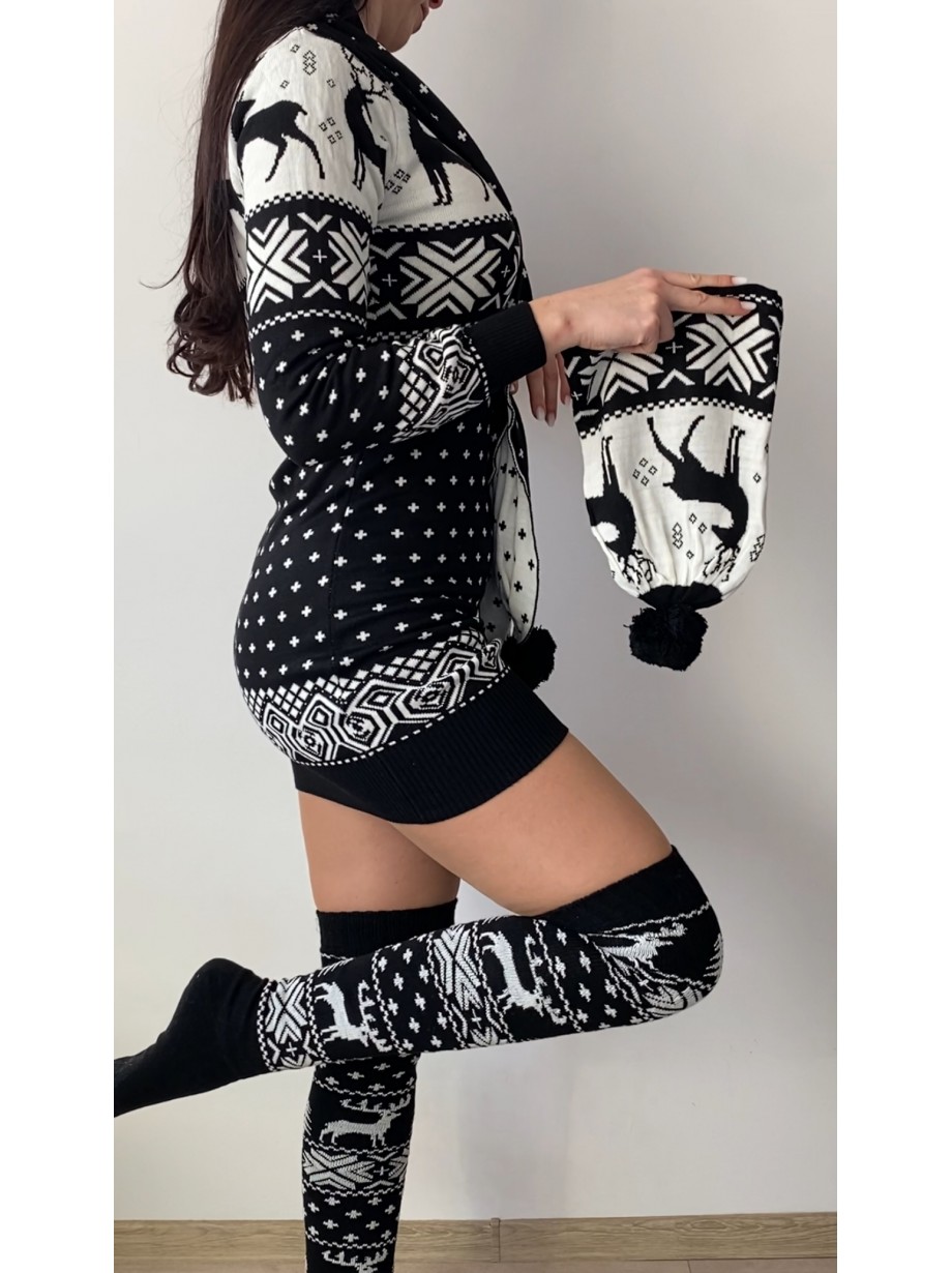 Compleu dama ieftin din tricot negru minunat compus din rochie, caciula,fular si jambiere Craciun FULAR
