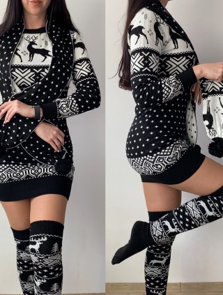 Compleu dama ieftin din tricot negru minunat compus din rochie, caciula,fular si jambiere Craciun FULAR