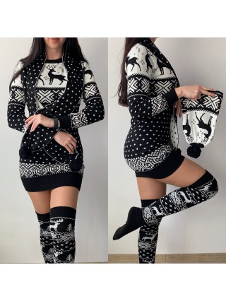Compleu dama ieftin din tricot negru minunat compus din rochie, caciula,fular si jambiere Craciun FULAR
