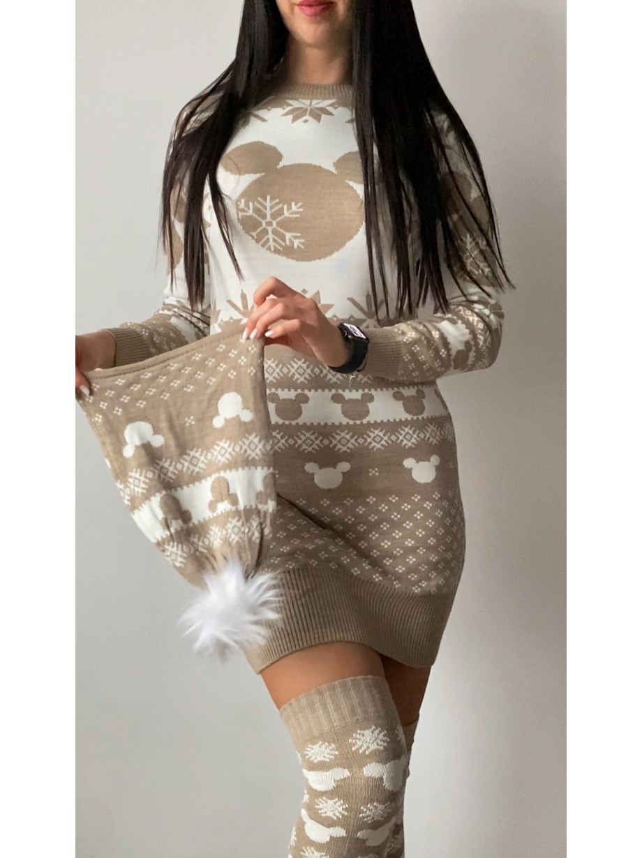 Compleu dama ieftin din tricot bej minunat compus din rochie, caciula si jambiere Mickey HEAD