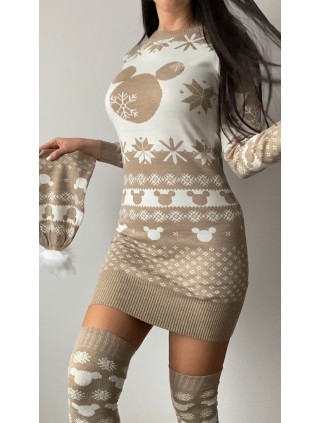 Compleu dama ieftin din tricot bej minunat compus din rochie, caciula si jambiere Mickey HEAD