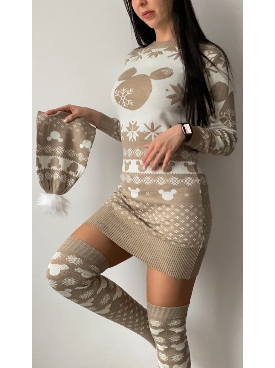Compleu dama ieftin din tricot bej minunat compus din rochie, caciula si jambiere Mickey HEAD