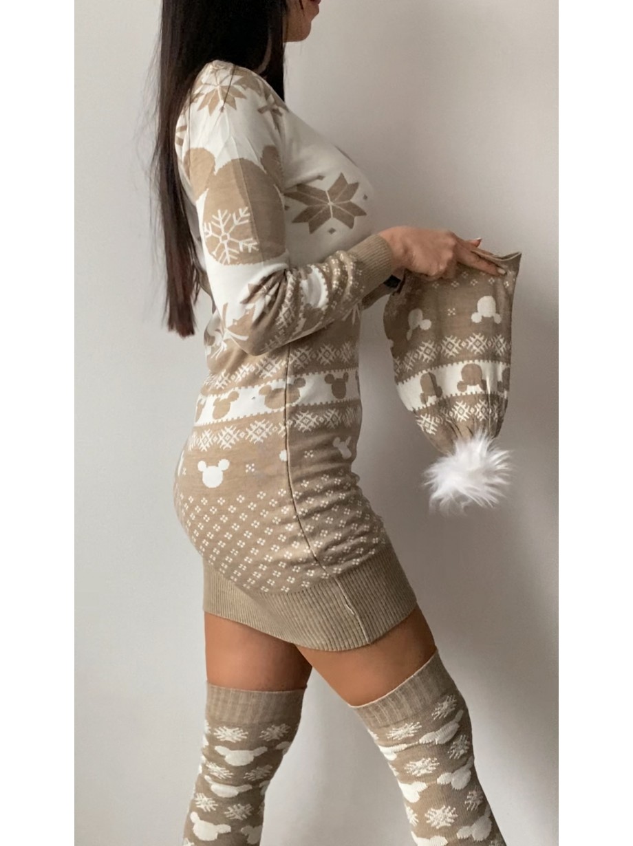 Compleu dama ieftin din tricot bej minunat compus din rochie, caciula si jambiere Mickey HEAD