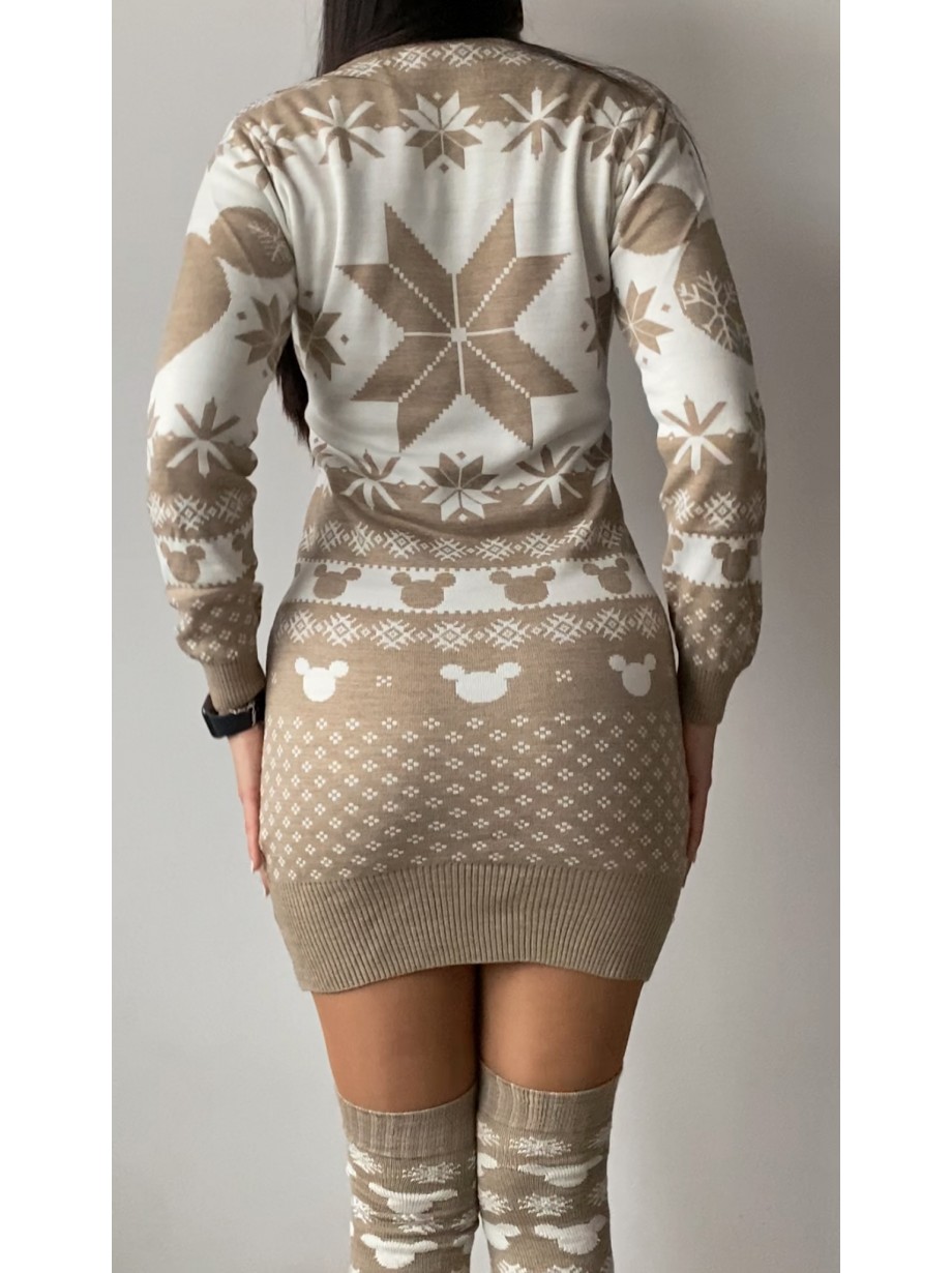 Compleu dama ieftin din tricot bej minunat compus din rochie, caciula si jambiere Mickey HEAD