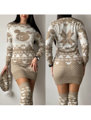 Compleu dama ieftin din tricot bej minunat compus din rochie, caciula si jambiere Mickey HEAD