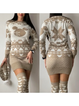 Compleu dama ieftin din tricot bej minunat compus din rochie, caciula si jambiere Mickey HEAD