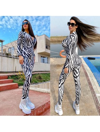 Salopeta dama casual sport stramta alba cu fermoar si imprimeu Zebra