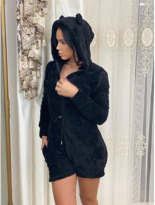 Salopeta dama scurta neagra plusata cu urechi si fermoar