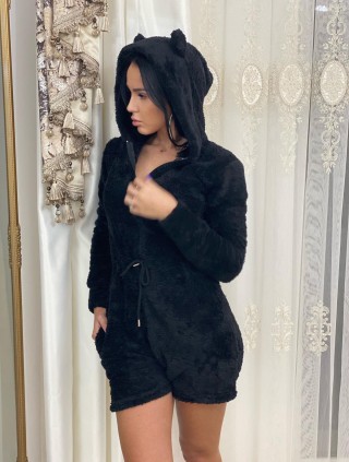 Salopeta dama scurta neagra plusata cu urechi si fermoar