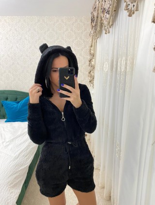 Salopeta dama scurta neagra plusata cu urechi si fermoar